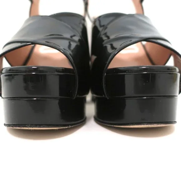 MOSCHINO PLATFORM FLARE-HEEL SANDALS BLACK PATENT LEATHER SIZE 38.5 - Picture 5 of 11